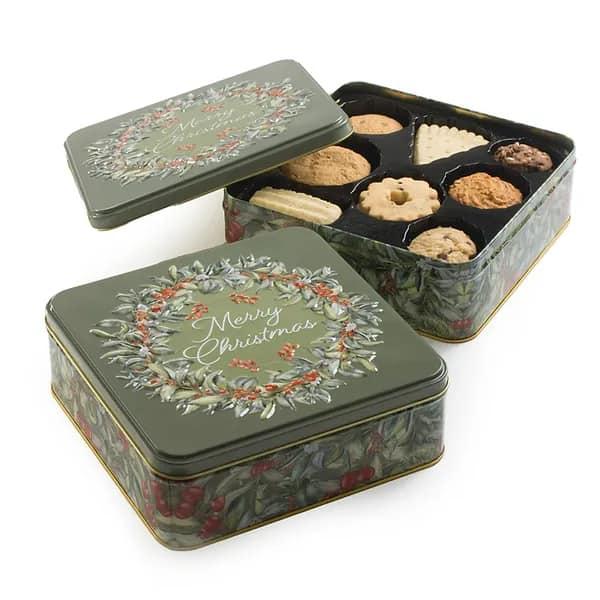Merry Christmas Green Tin Box, Assorted Cookies