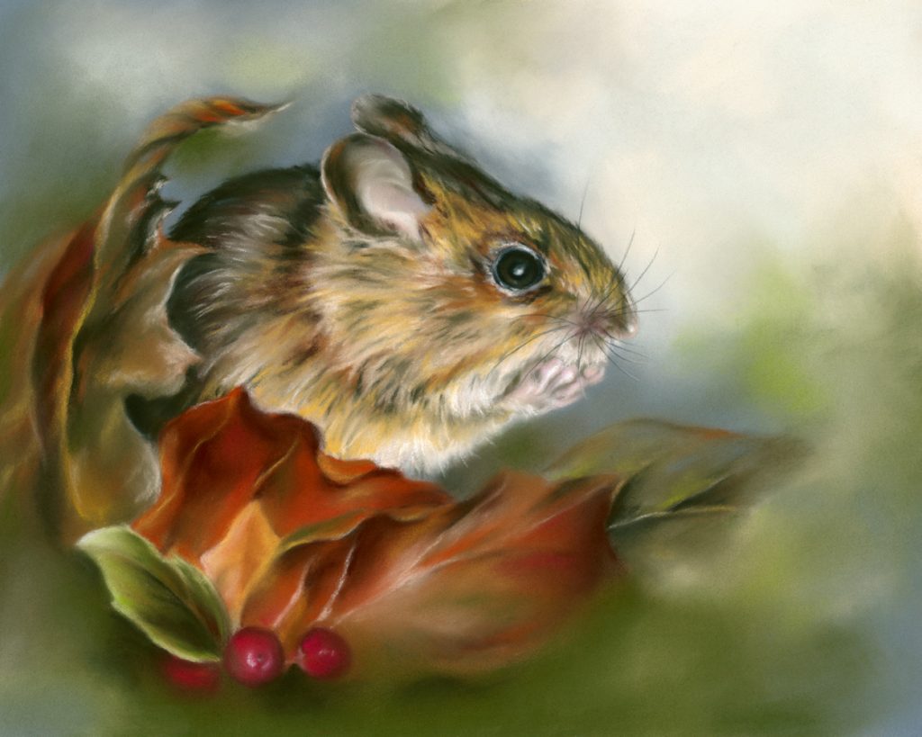 Wood Mouse with Autumn Leaves, Pastel, by MM Anderson